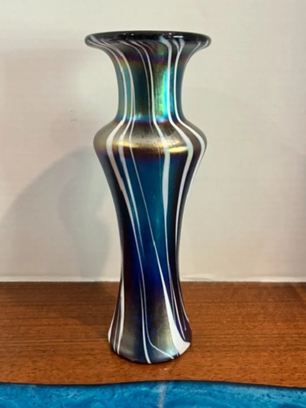 Glass Magic Blue Iridescent Art Glass Pulled Stripe 9.5